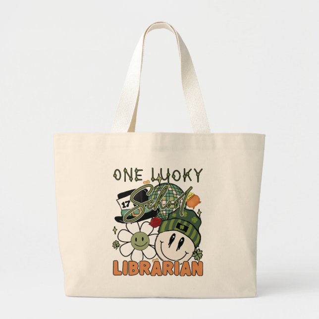 St. Patrick Day Lucky Librarian Large Tote Bag (Front)
