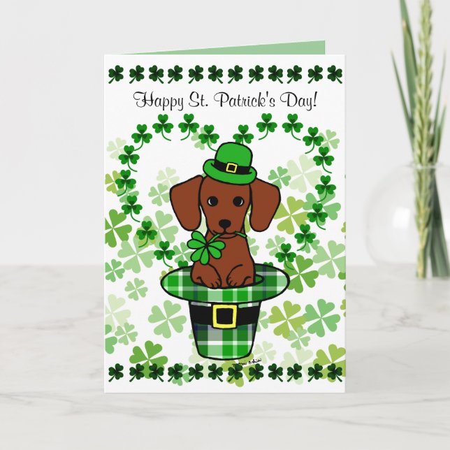 St. Patrick Day Red Smooth Dachshund Hat Card (Front)