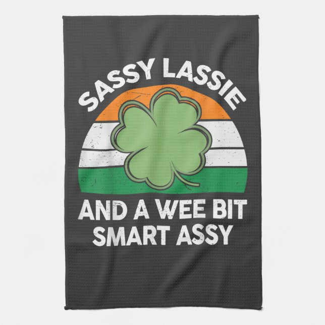 St Patrick Day Sassy Lassie Funny Shamrock Irish Kitchen Towel (Vertical)