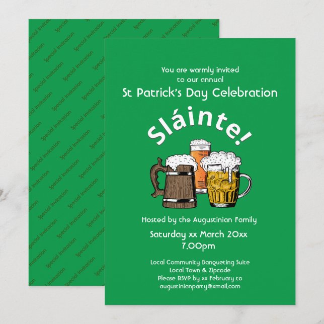 St Patrick' Day Sláinte Cheers & Beers Party Invitation (Front/Back)
