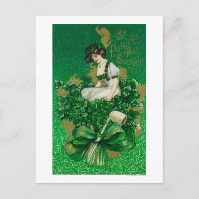St. Patrick Day Souvenir Woman on Clover Scene Postcard (Front)