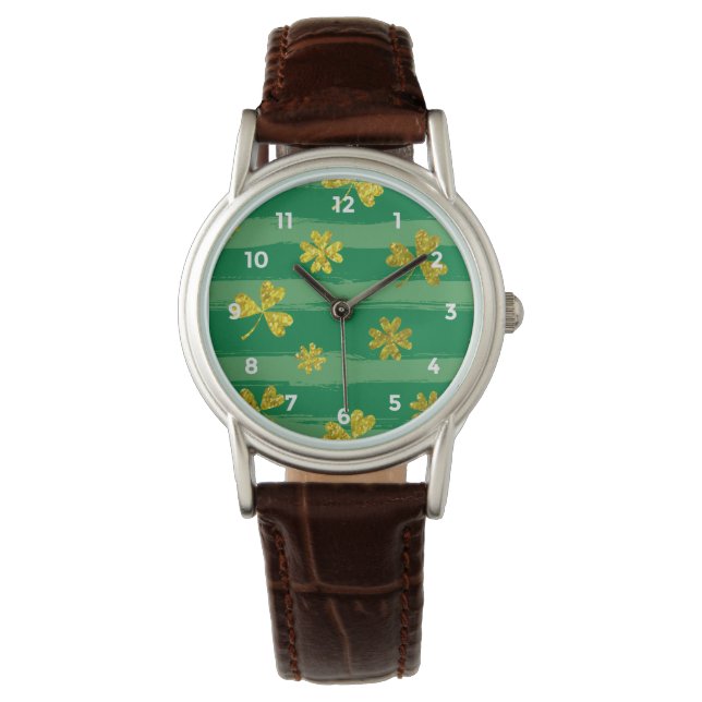 St Patrick Golden shamrock green stripes pattern Watch (Front)