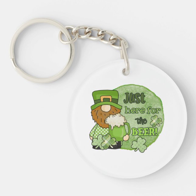 St. Patrick Green Gnome | Just Here For The Beer Keychain (Front)