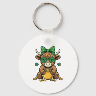 St Patrick Highland Cow Pot of Gold Vintage Art_1 Keychain