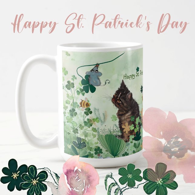 ST. Patrick Holiday Mug avec chat et souris (Happy St Patrick's Day with Music Mug featuring Cat and mice with beautiful Nature as background )