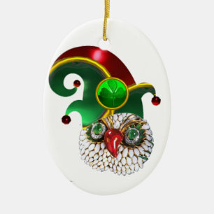ST PATRICK JEWEL OWL AND  ELF HAT WITH SHAMROCK CERAMIC ORNAMENT