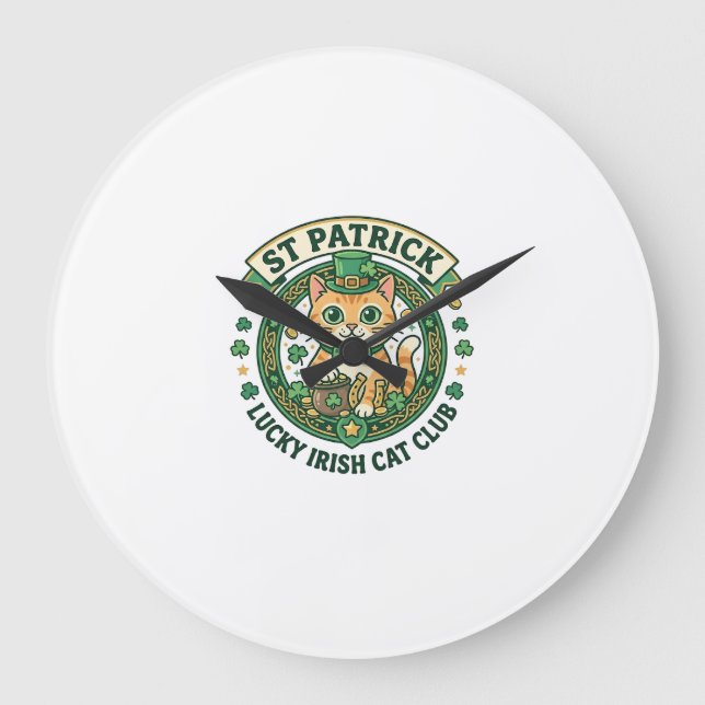 St Patrick Lucky Irish Cat Cute Cat T-Shirt Design Large Clock (Front)