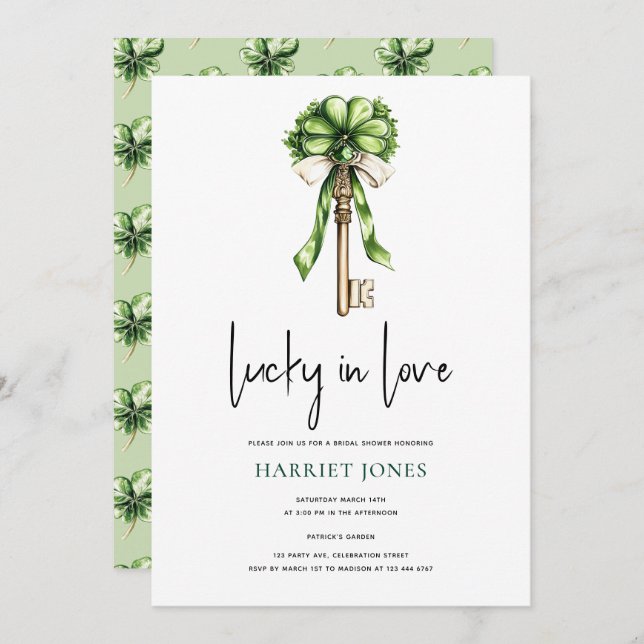 St Patrick’s Bridal Shower Gold Key & Clover Invitation (Front/Back)