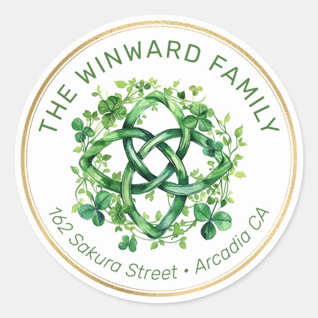 St. Patrick’s Celtic Green Knotwork Shamrocks Classic Round Sticker (Front)