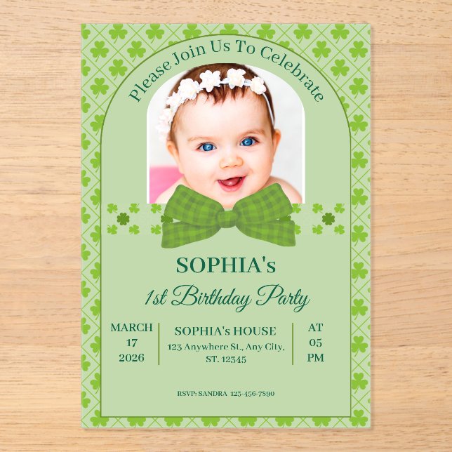 St. Patrick’s Day 1st Birthday Acrylic Invitations (Front)