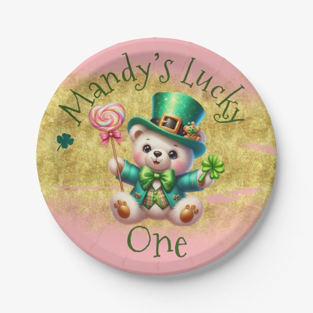 St.Patrick’s Day Bear Birthday Lucky One Pink Paper Plate (Front)