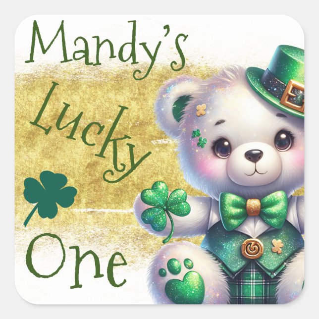 St.Patrick’s Day Bear Green Birthday Lucky One Square Sticker (Front)