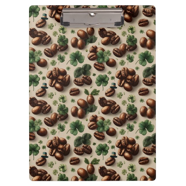 St. Patrick’s Day Coffee & Shamrock Pattern Clipboard (Front)