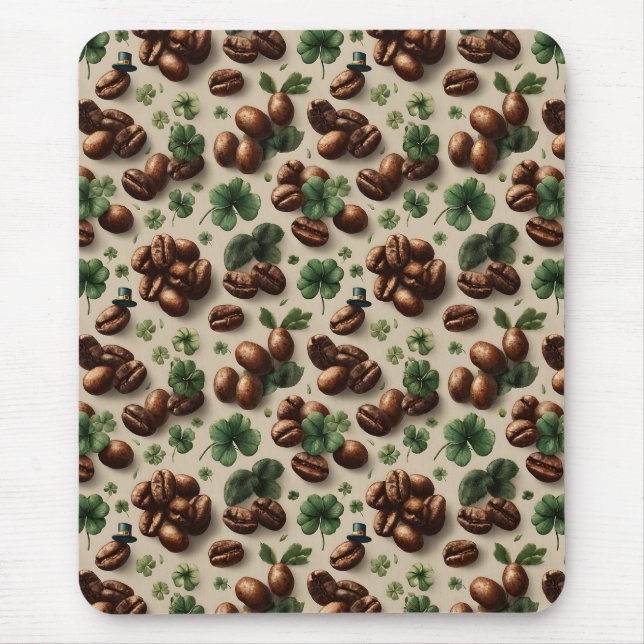 St. Patrick’s Day Coffee & Shamrock Pattern Mouse Pad (Front)
