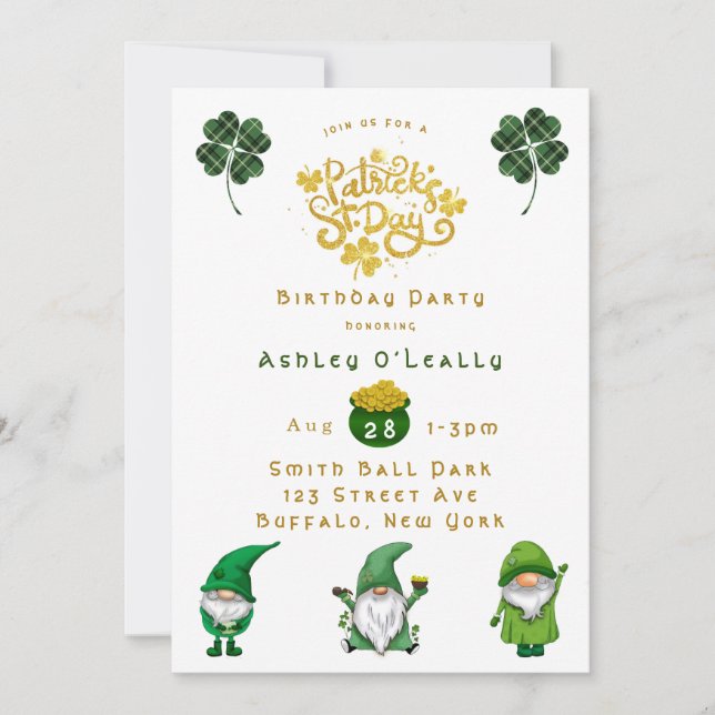 St. Patrick’s Day Gnome Birthday Party  Invitation (Front)