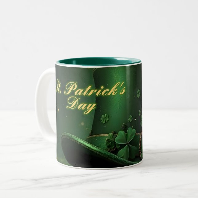 St. Patrick’s Day Hat and Shamrock Design Two-Tone Coffee Mug (Front Left)