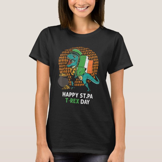 St. Patrick`s Day Irish Flag T-Rex Lucky Cloverlea T-Shirt (Front)