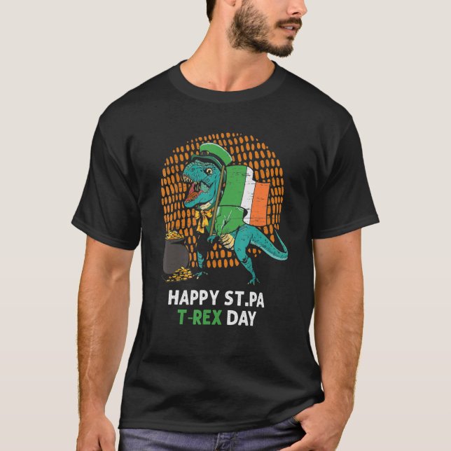 St. Patrick`s Day Irish Flag T-Rex Lucky Cloverlea T-Shirt (Front)