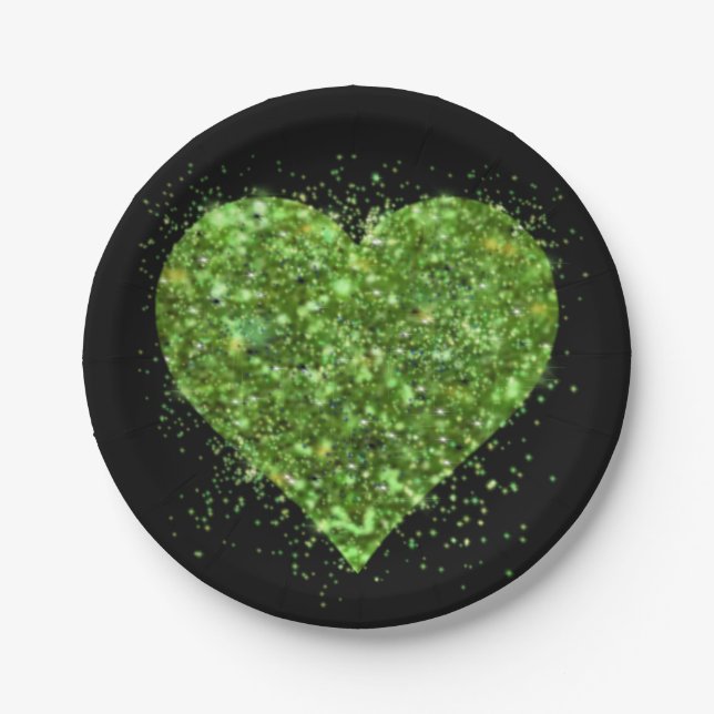 St. Patrick’s day, Irish green glittering heart Paper Plate (Front)