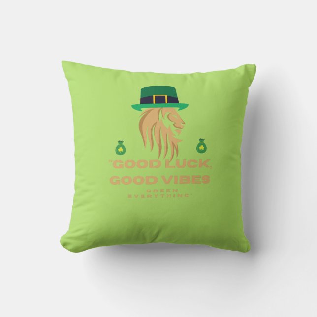 St. Patrick’s Day Lion King - Good Luck Good Vibes Throw Pillow (Front)