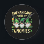 St Patrick’s Day Lucky Shamrock Gnome  Round Clock<br><div class="desc">St Patrick’s Day Lucky Shamrock Gnome</div>