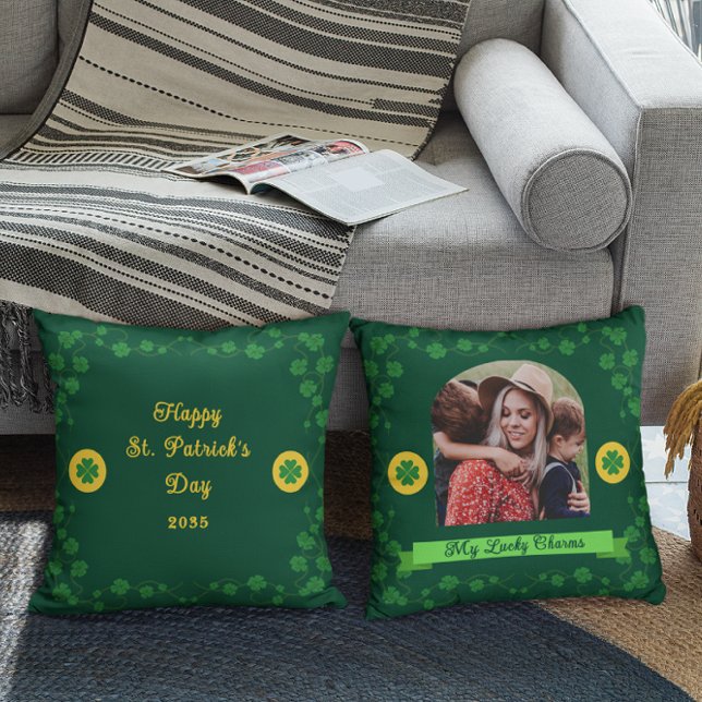 St. Patrick’s Day Shamrock Family Photo Keepsake Throw Pillow (Creator Uploaded)
