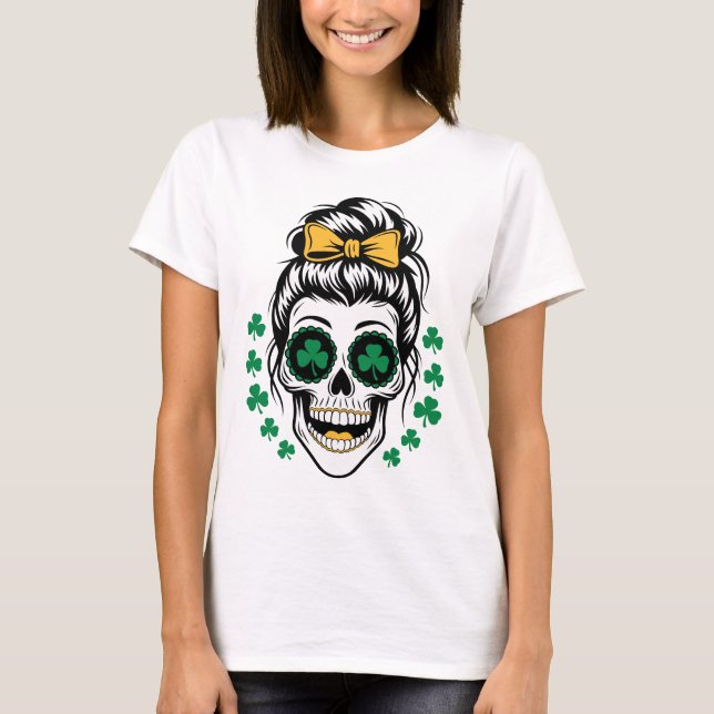 St. Patrick’s Day Skull with Shamrocks and Messy  T-Shirt (Front)