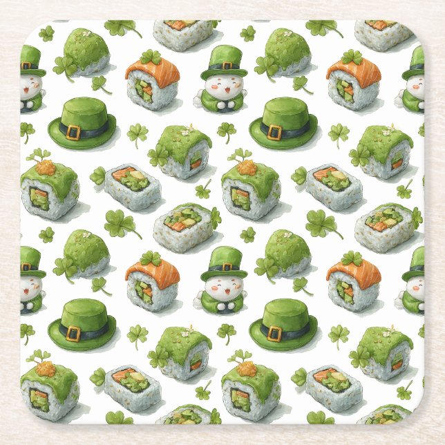 St. Patrick’s Day Sushi Rolls & Shamrock Square Paper Coaster (Front)