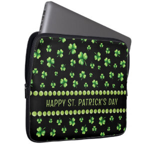 St. Patrick’s Day Watercolor Shamrock on black Laptop Sleeve