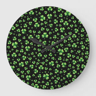 St. Patrick’s Day Watercolor Shamrock on black Large Clock