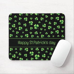 St. Patrick’s Day Watercolor Shamrock on black Mouse Pad