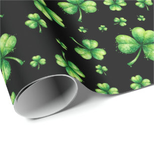 St. Patrick’s Day Watercolor Shamrock on black Wrapping Paper