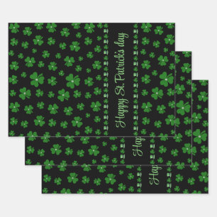 St. Patrick’s Day Watercolor Shamrock on black Wrapping Paper Sheet
