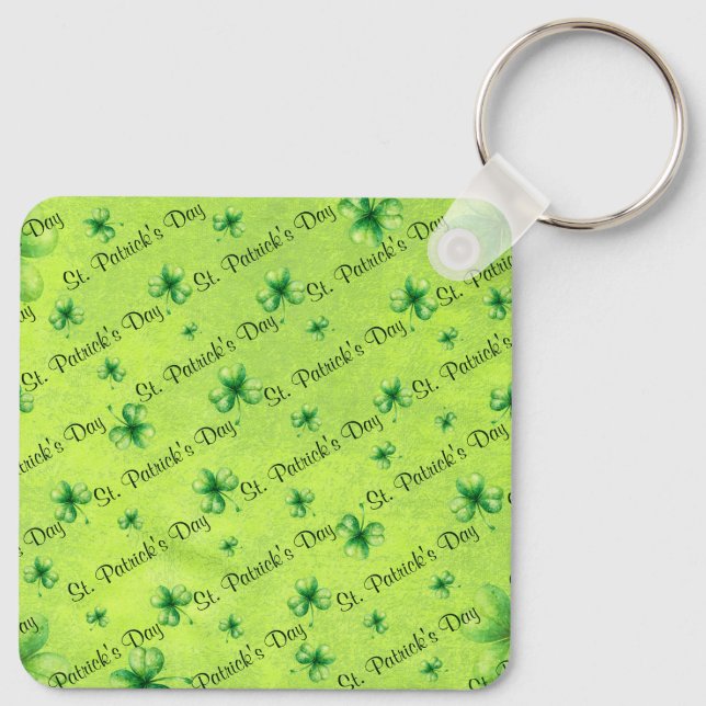 St. Patrick’s Day Watercolor Shamrock on green Keychain (Back)