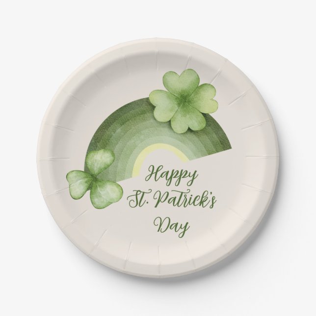 St. Patrick’s Day – Watercolor Shamrock Rainbow Paper Plate (Front)