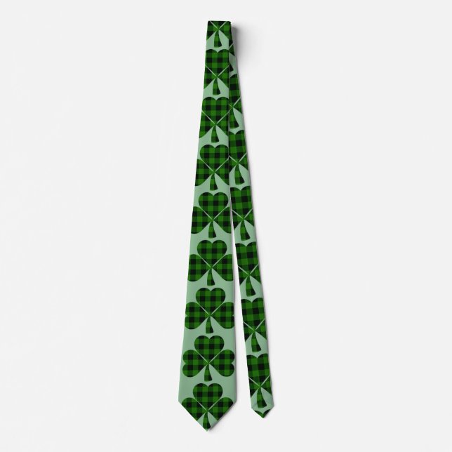 St. Patrick’s green clover black plaid shamrocks Tie (Front)