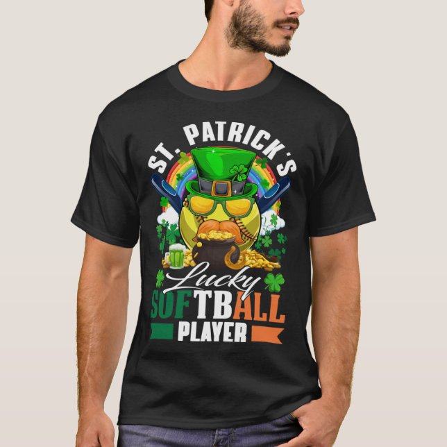 St Patrick s Lucky Softball Player Shamrock & Glas T-Shirt (Front)