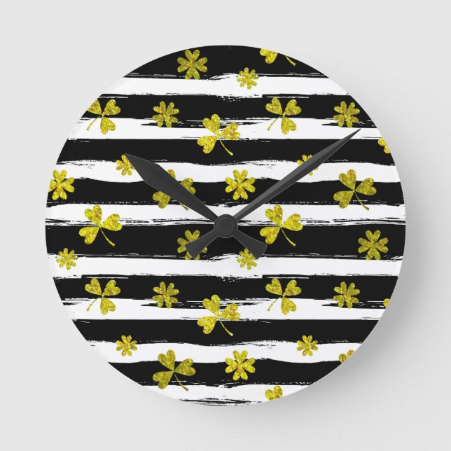 st patricks black white clover round clock (Front)