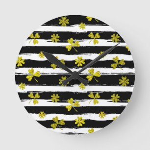 st patricks black white clover round clock