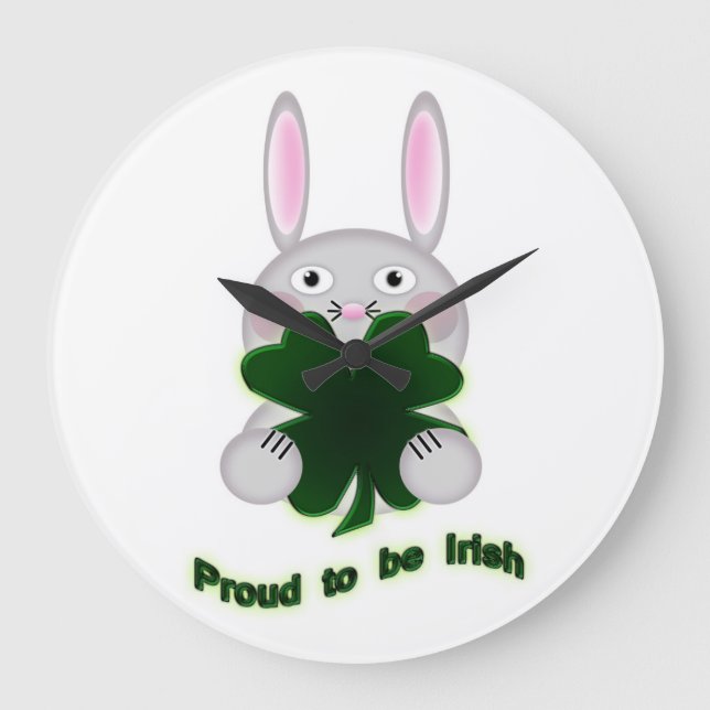 St. Patricks Bunny Proud to be Irish Shamrock Large Clock (Front)