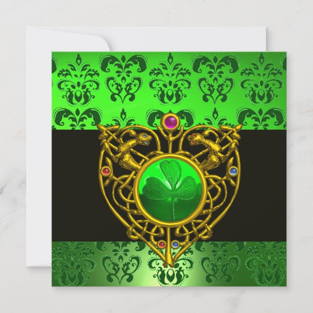 ST. PATRICK'S CELTIC HEART Green Damask Monogram Invitation (Front)
