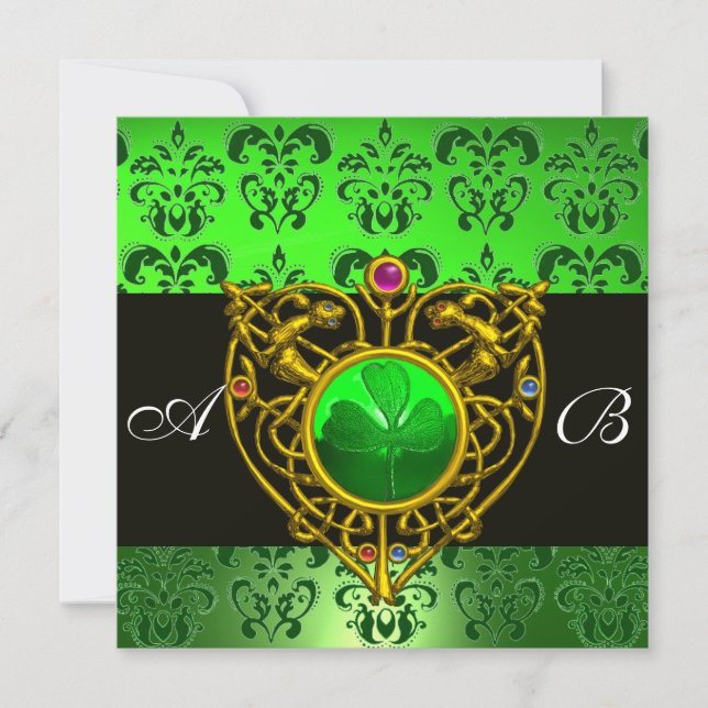 ST. PATRICK'S CELTIC HEART Green Damask Monogram Invitation (Front)