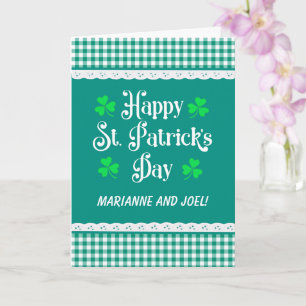 St Patrick's Custom Name Shamrocks Green Checks Card