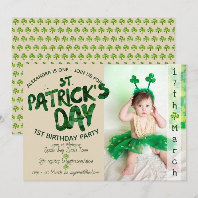 St Patrick's Day 1st BIRTHDAY - PHOTO Invitation (Front/Back)