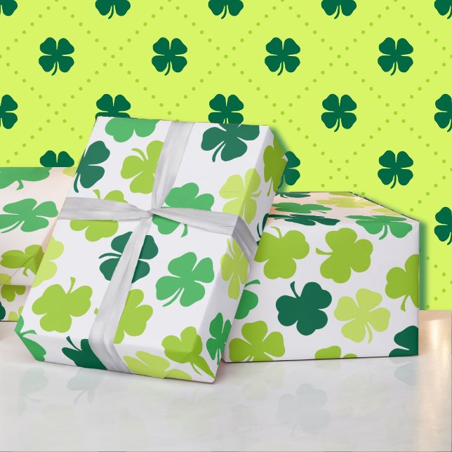 St Patrick's Day 4 Leaf Clover Green White Wrapping Paper (Creator Uploaded)