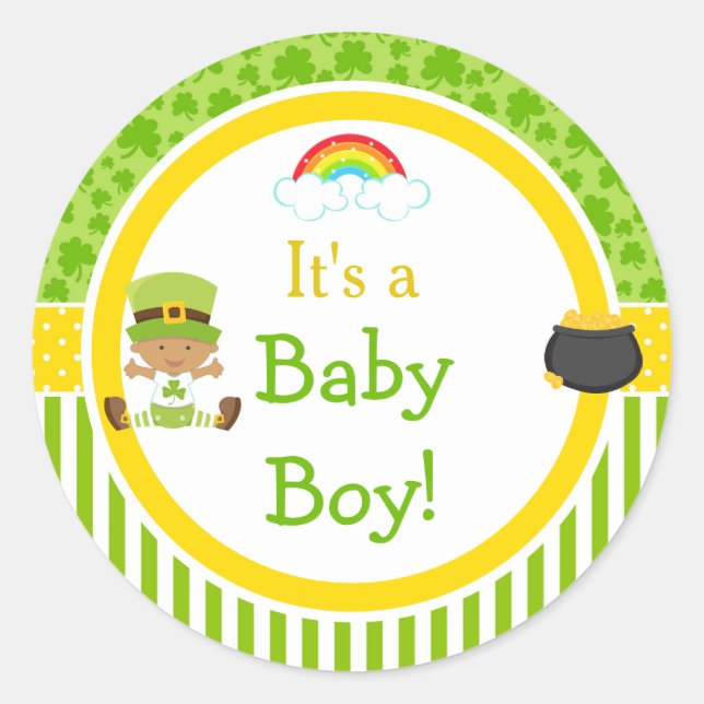 St Patrick's Day African American Boy Baby Shower Classic Round Sticker (Front)