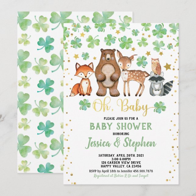 St Patrick's Day Baby Shower Shamrock Animals Invitation (Front/Back)