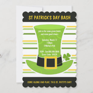 St Patrick's Day Bash Green Top Hat Stripes Invite