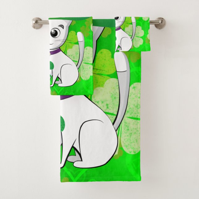 St. Patrick's Day Bathroom Towel Sets Cat (Insitu)