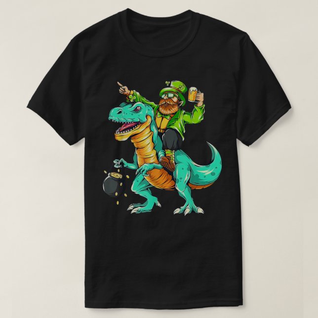 St Patrick's Day Bearded Riding Dinosaur Shamrock  T-Shirt (Design Front)